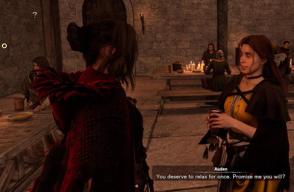 Frey and Auden talk in a tavern