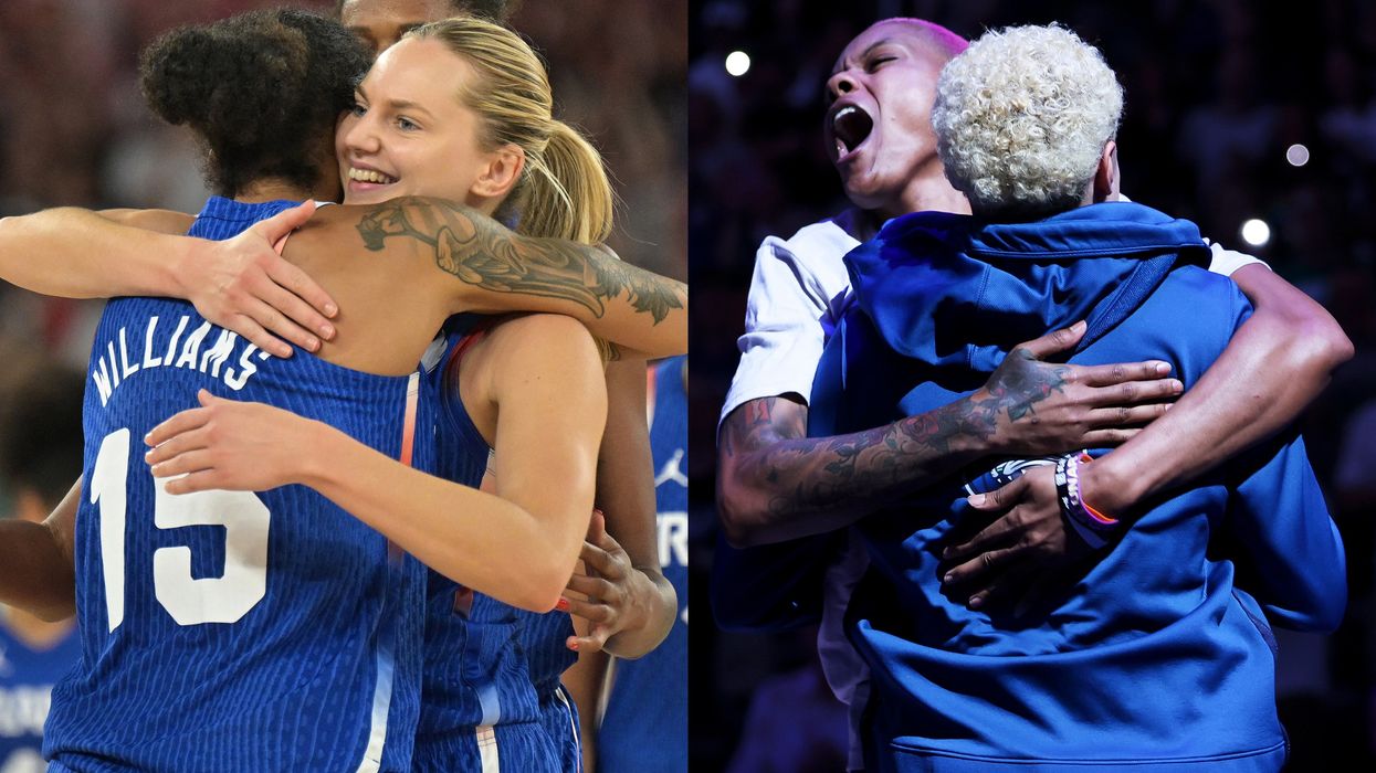 Gabby Williams and Marine Johannes hugging and Courtney Williams hugging Natisha Hiedeman