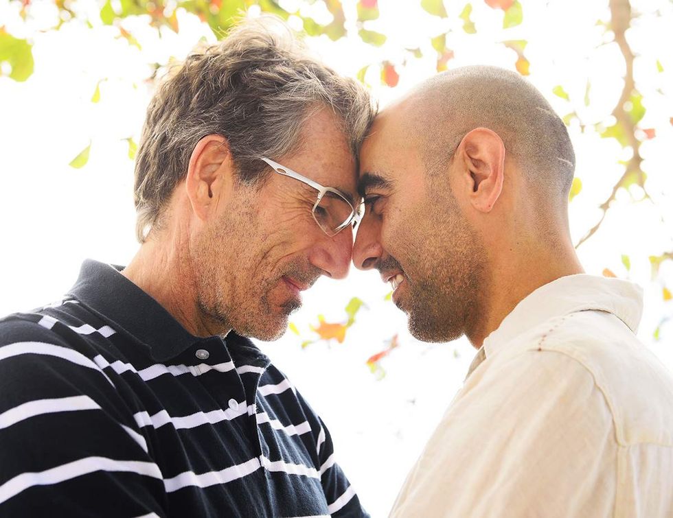 gay age gap couple having a romantic moment