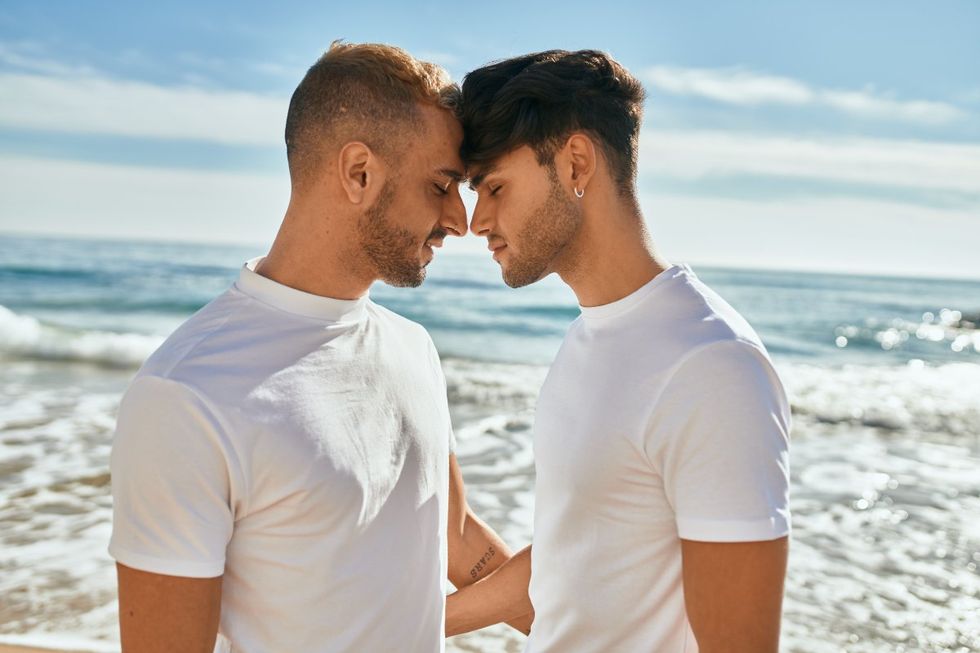 gay couple touch foreheads