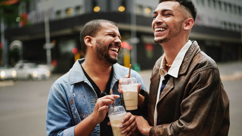 gay friends drink coffee