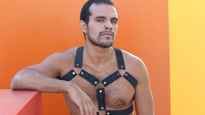 gay man in harnes in front of a rainbow background