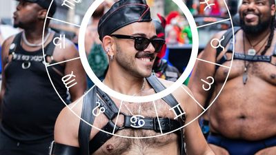 Gay man in leather with a zodiac symbol