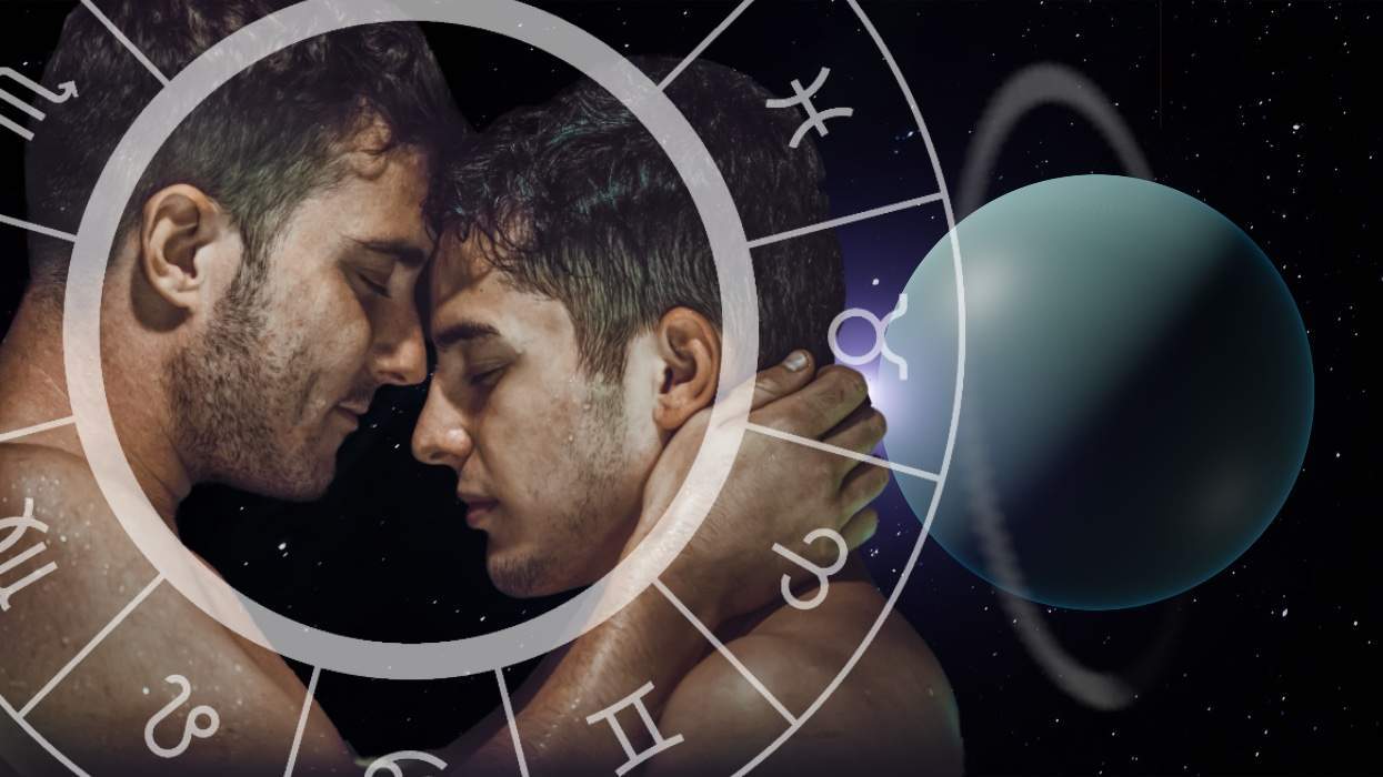 gay men embrace in front of Uranus