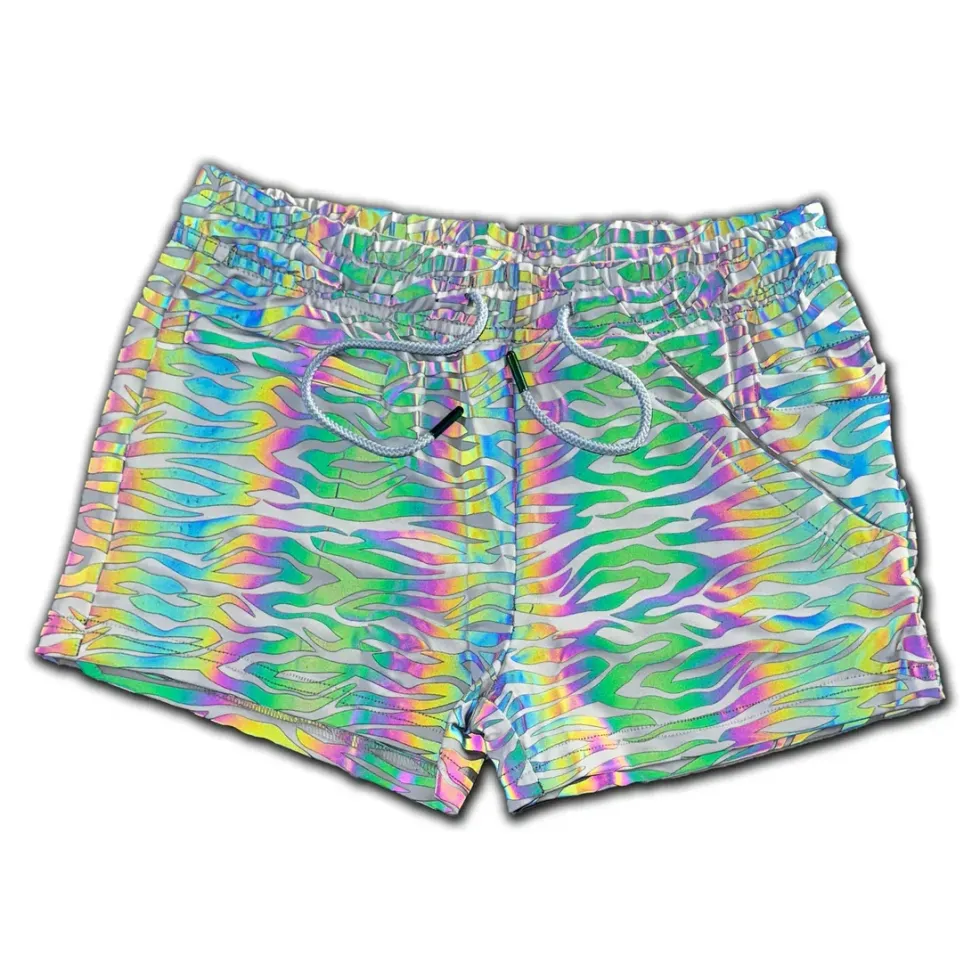 GAY RAVE AND CIRCUIT ALMANAC - FLASH-REFLECTIVE RAINBOW ZEBRA ZADDY BOOTY SHORTS