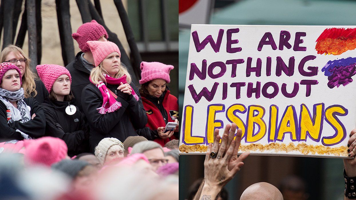 group of white people wearing pink pussy knitted hats at womens march washington DC 2017 wea re nothing without lesbians sign at Dyke march Toronto Pride 2024