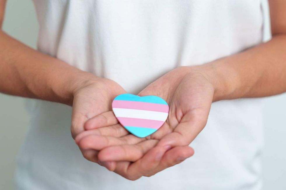 Hands holding a trans flag heart