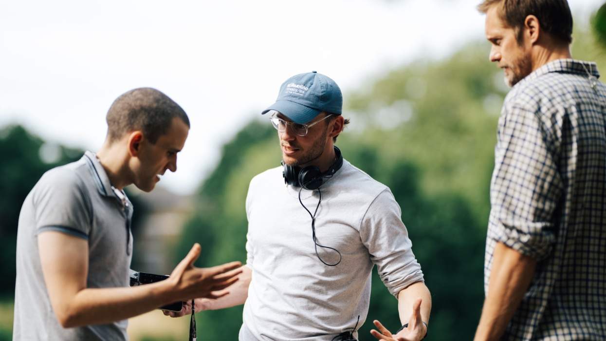 Harry Melling, Harry Lighton, and Alexander Skarsgård on the set of 'Pillion'