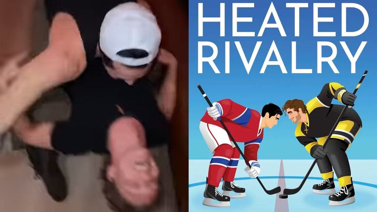 Hudson Williams and Connor Storrie wrestle; Heated Rivalry book cover