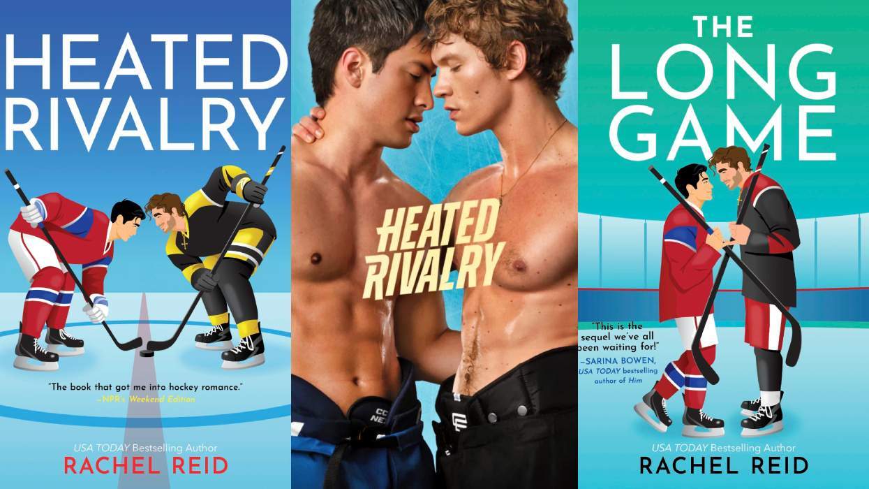 Hudson Williams as Shane Hollander and Connor Storrie as Ilya Rozanov on the Heated Rivalry TV show based on Rachel Reid's novels "Heated Rivalry" and "The Long Game"