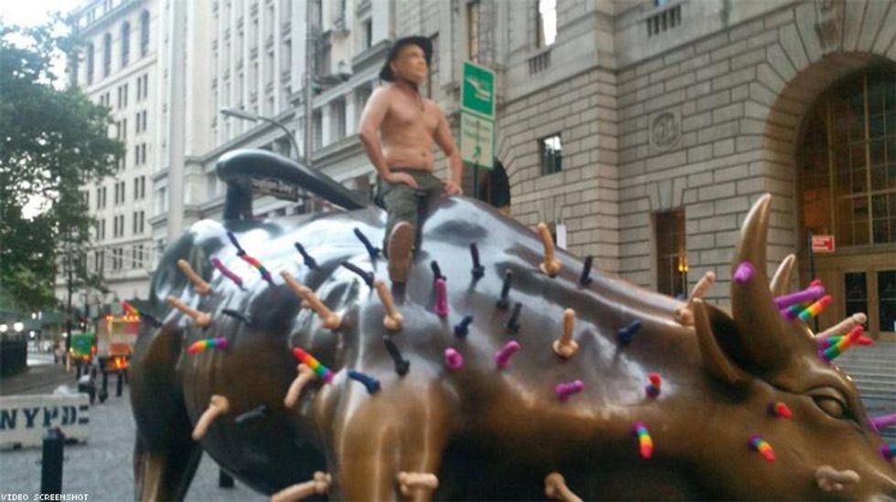 Vladimir Putin Rode the Wall Street Bull Covered in Rainbow Dildos