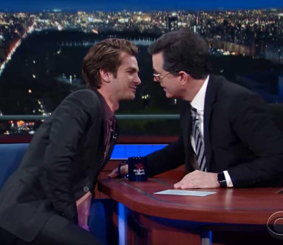 Andrew Garfield Has Moved on from Kissing Ryan Reynolds to Kissing Stephen Colbert