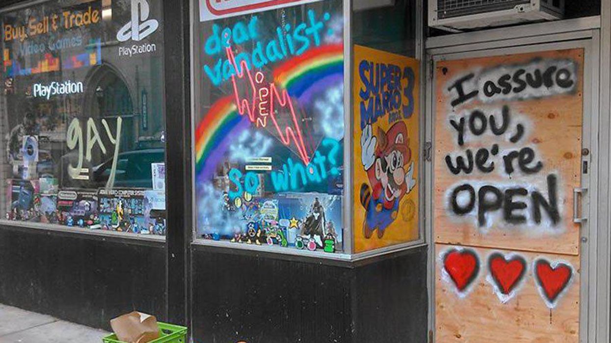 <p>Video Game Store Fights Homophobic Vandalism with Rainbows and Hearts</p>