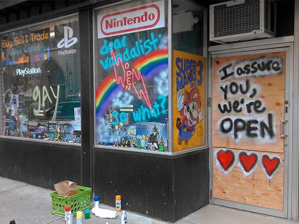 Video Game Store Fights Homophobic Vandalism with Rainbows and Hearts