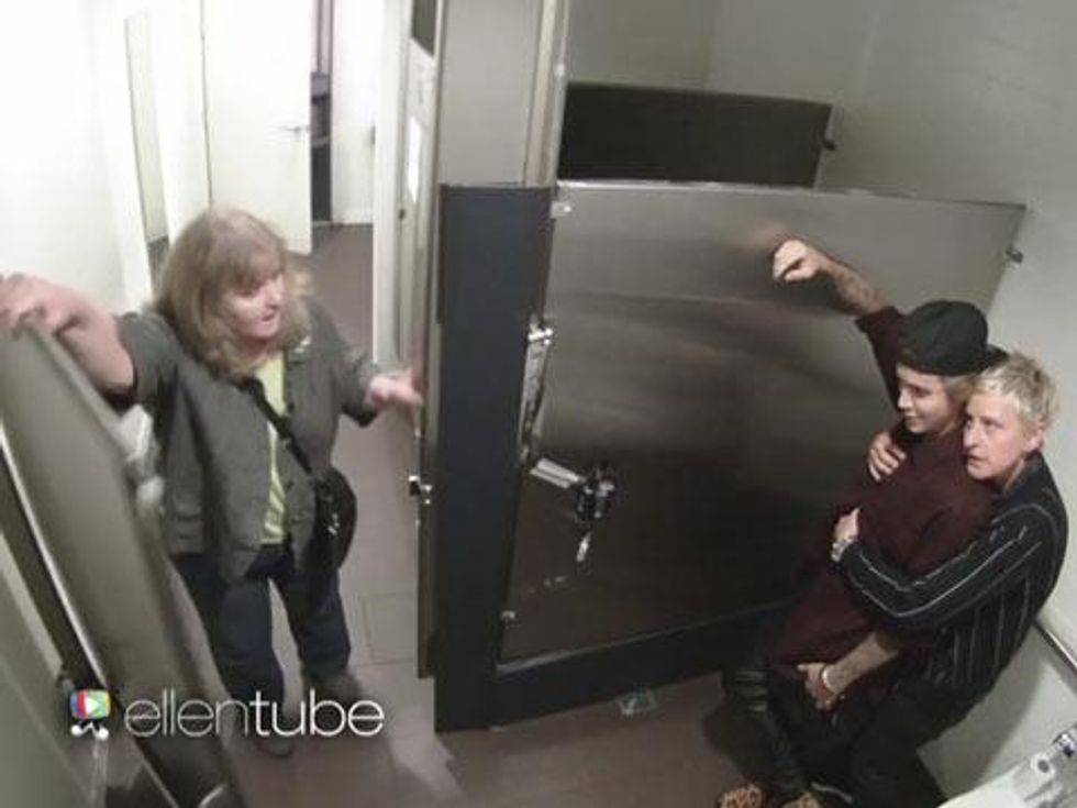 WATCH: Ellen DeGeneres and Justin Bieber's Pretend Bathroom Makeout Session Is the Scariest! 