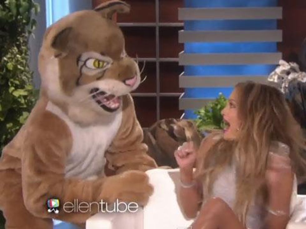 WATCH: Ellen Scares the Crap Out of Jennifer Lopez with a Giant "Cougar" 