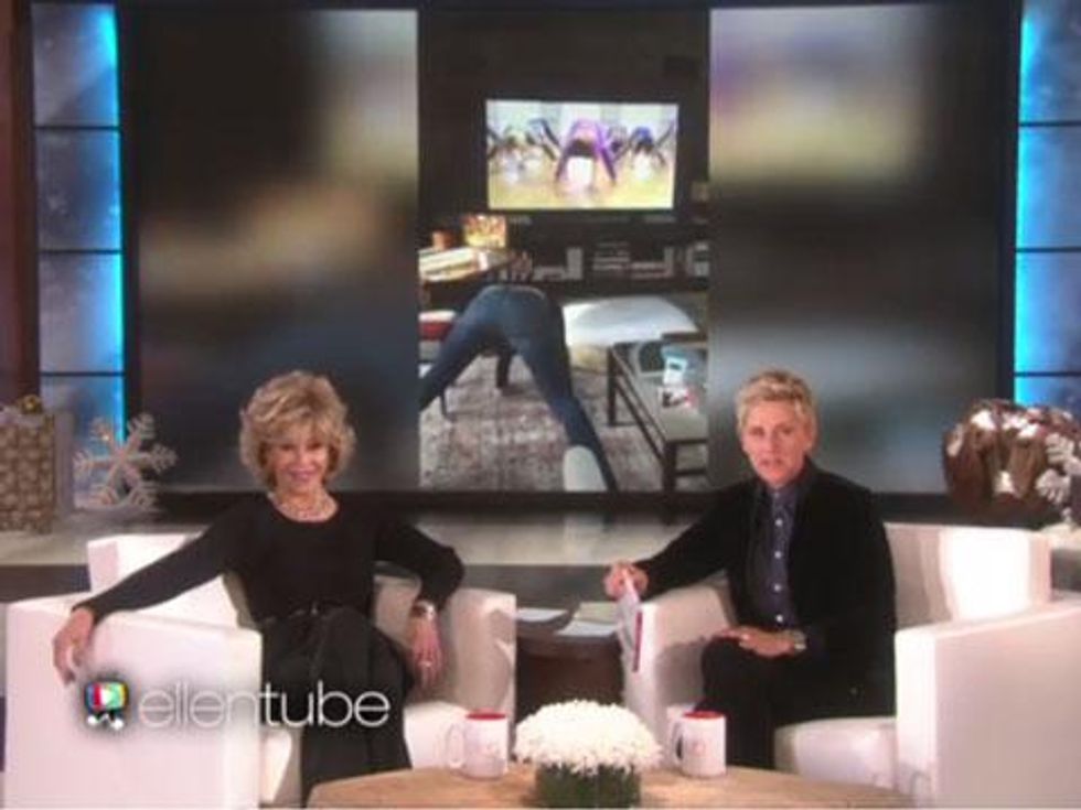 WATCH: Ellen DeGeneres Records Portia de Rossi Squatting to Jane Fonda's Fitness Videos 