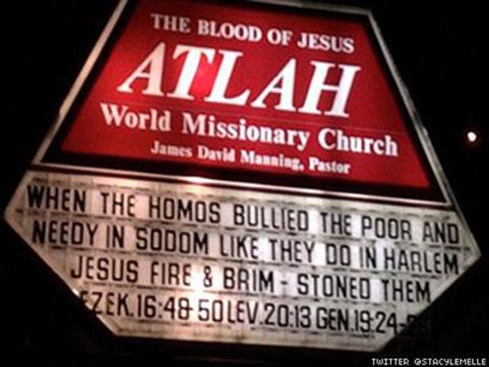 New Homophobic Harlem Church Sign: Jesus 'Brim-stoned' Gays