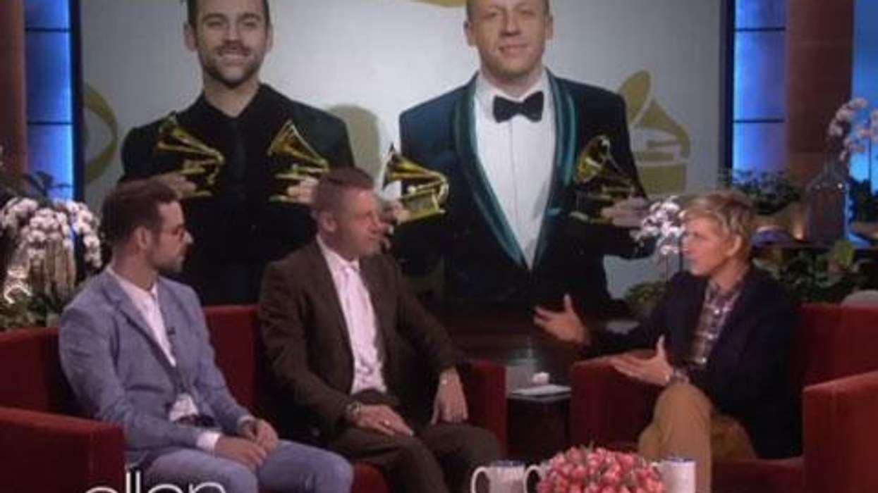 <p>WATCH: Ellen DeGeneres Tells Macklemore & Ryan Lewis About Getting Emotional During the Grammys' 'Same Love' Weddings</p>