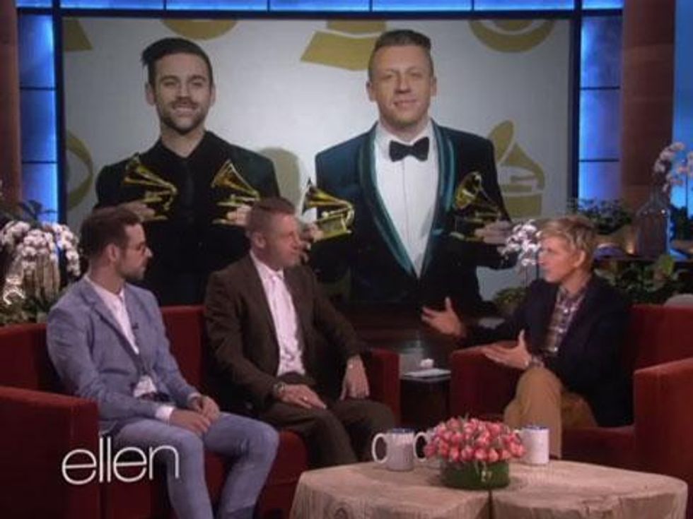 WATCH: Ellen DeGeneres Tells Macklemore & Ryan Lewis About Getting Emotional During the Grammys' 'Same Love' Weddings 