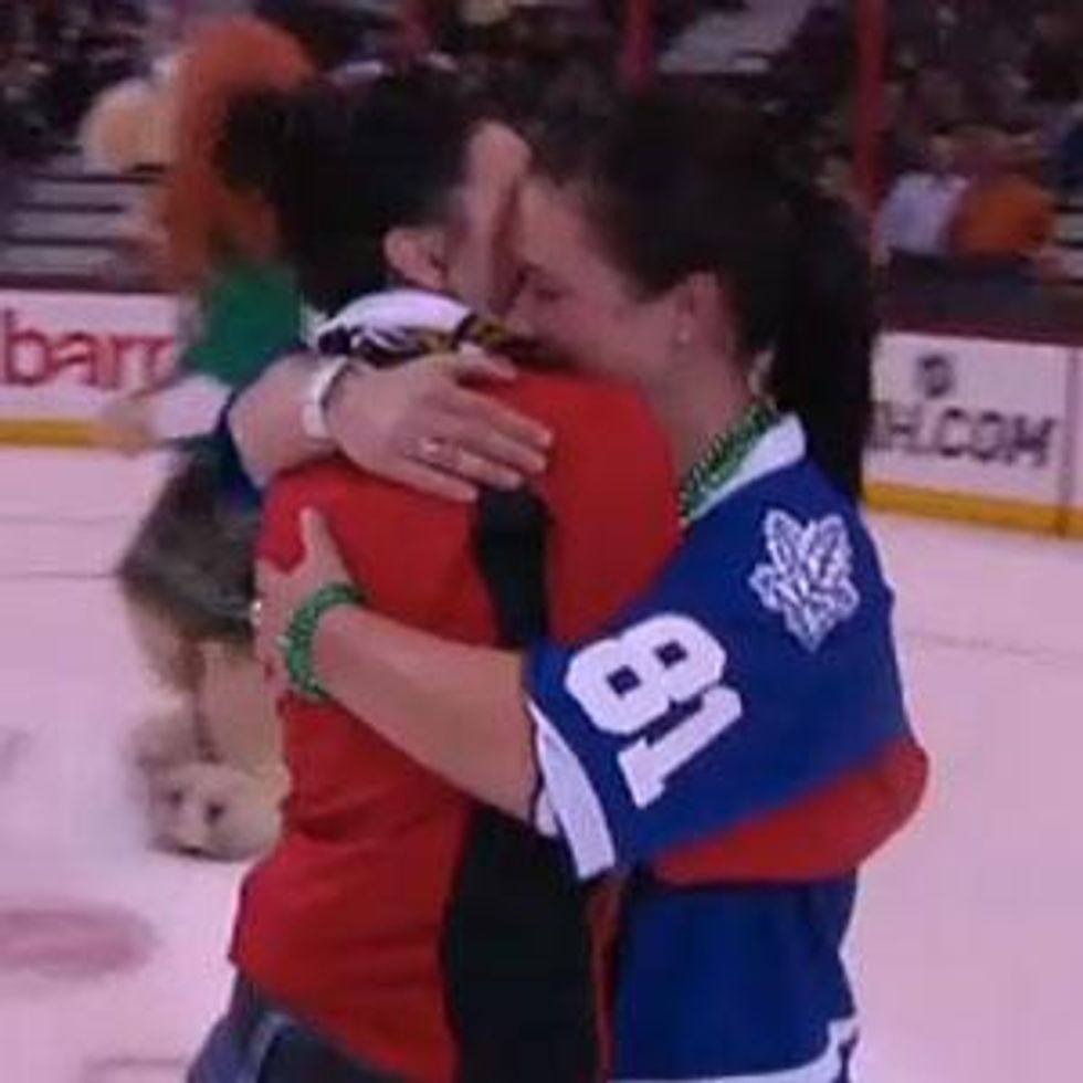 Lesbian Love on the Ice! - Canadian Couple Gets Engaged During Hockey Game Intermission - Video