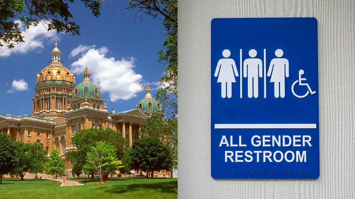 Iowa Capitol building in Des Moines and an all-gender restroom sign