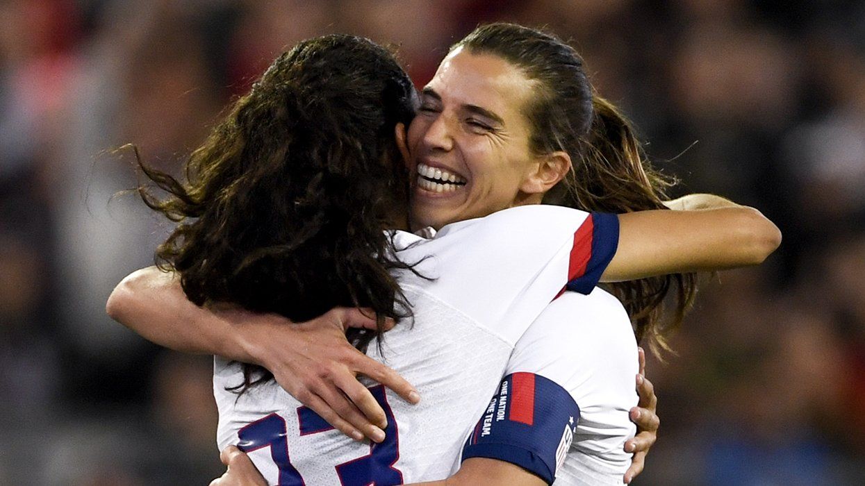 JACKSONVILLE, FLORIDA - NOVEMBER 10: Christen Press #23 of the U.S. woman's national soccer team and Tobin Heath #17 react after a goal during the second half against the Costa Rica woman's national soccer team at TIAA Bank Field on November 10,2019 in Jacksonville, Florida. (Photo by Douglas P. DeFelice/Getty Images)