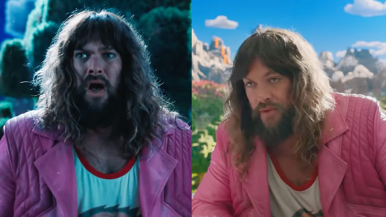 Jason Momoa in a bad wig in A Minecraft Movie trailer