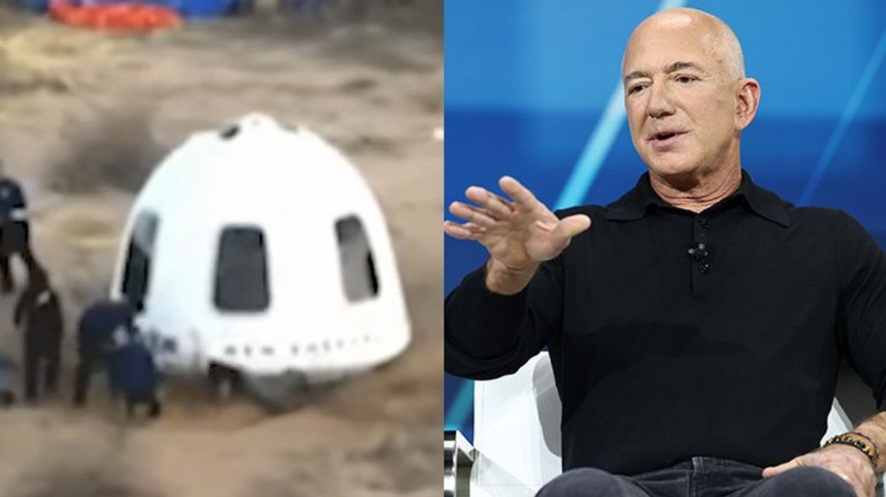 Jeff Bezos falling on the ground in front of his Blue Origin space shuttle and Jeff Bezos talking with his hands
