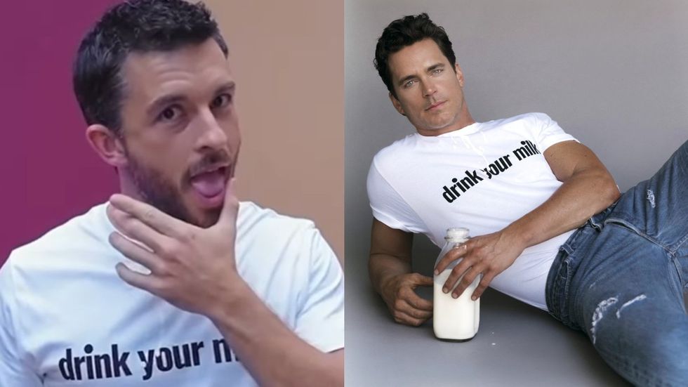 Jonathan Bailey and his \u200bFellow Travelers costar, Matt Bomer, wearing 'drink your milk' T-shirts from The Shameless Fund