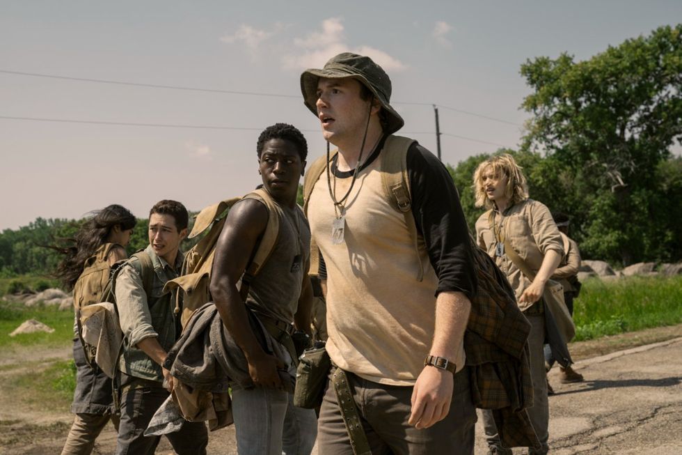 Joshua Odiick as Parker, Jordan conzalez as Harkness, David Jonsson as McVries, cooper Hoffman as Garraty, and Charlie Plummer as Barkovitch in The Long Walk.