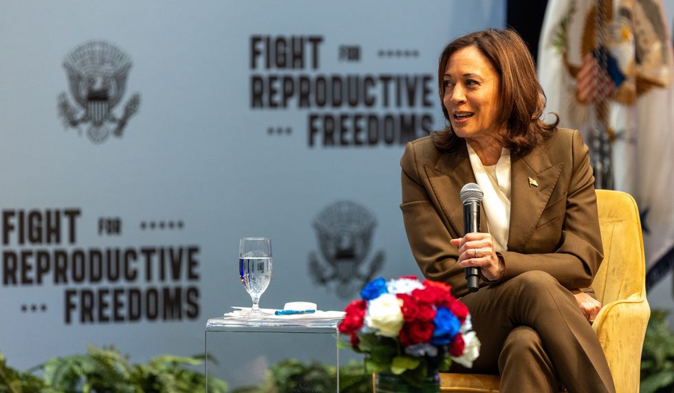 Kamala Harris speaks about abortion access and reproductive rights at a campaign event