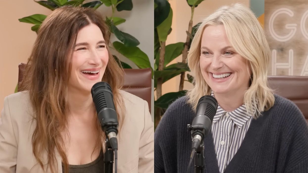 Kathryn Hahn and Amy Poehler sitting in front of microphones on the Good Hang with Amy Poehler podcast