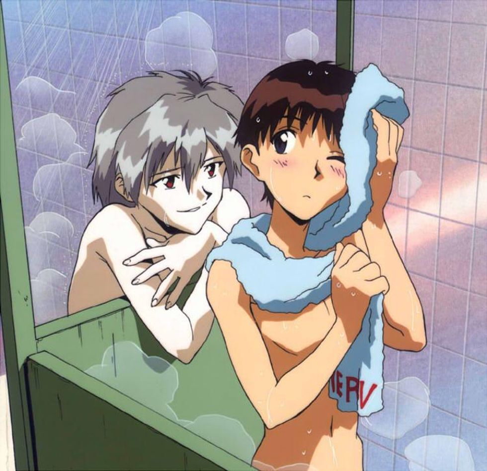 Kaworu smiling at Shinji in the shower