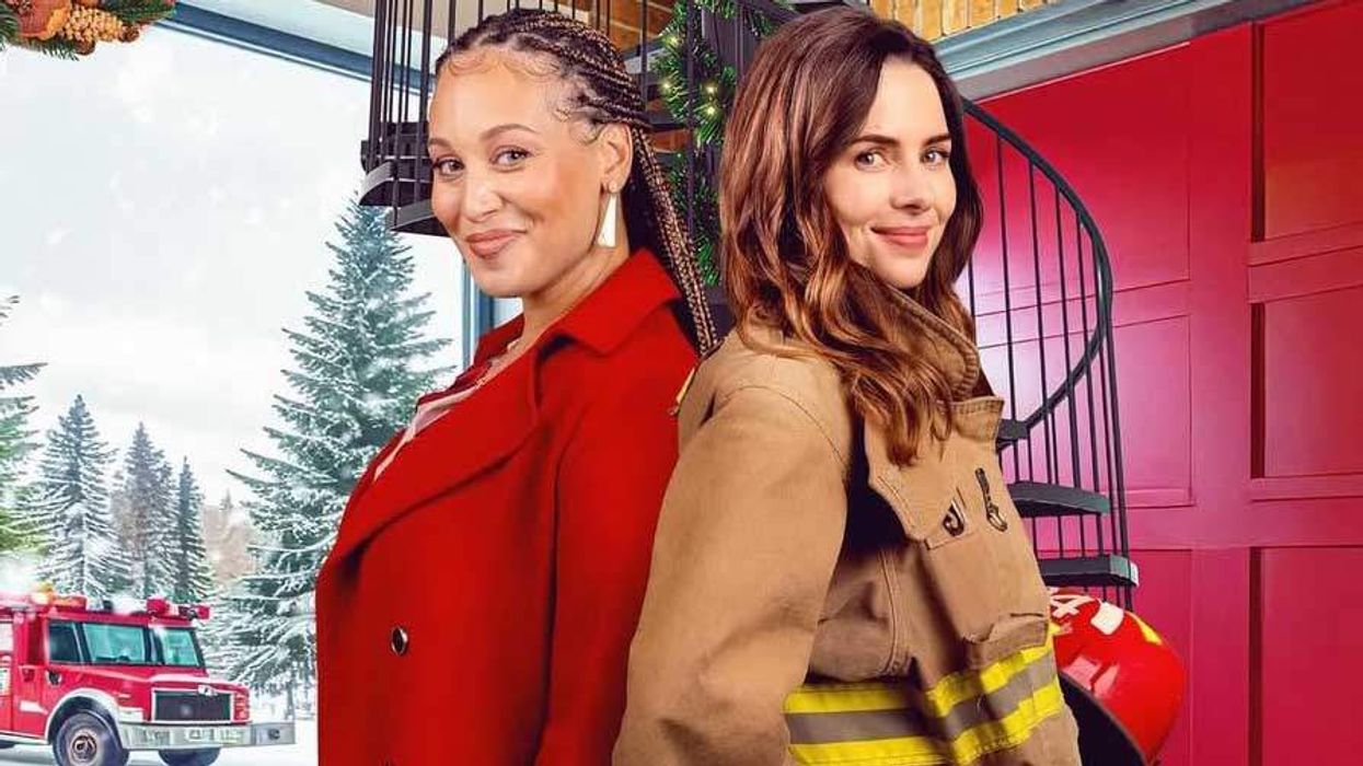 Kyana Teresa and Holly Deveaux standing back to back in the poster for The Firefighter's Christmas Wish