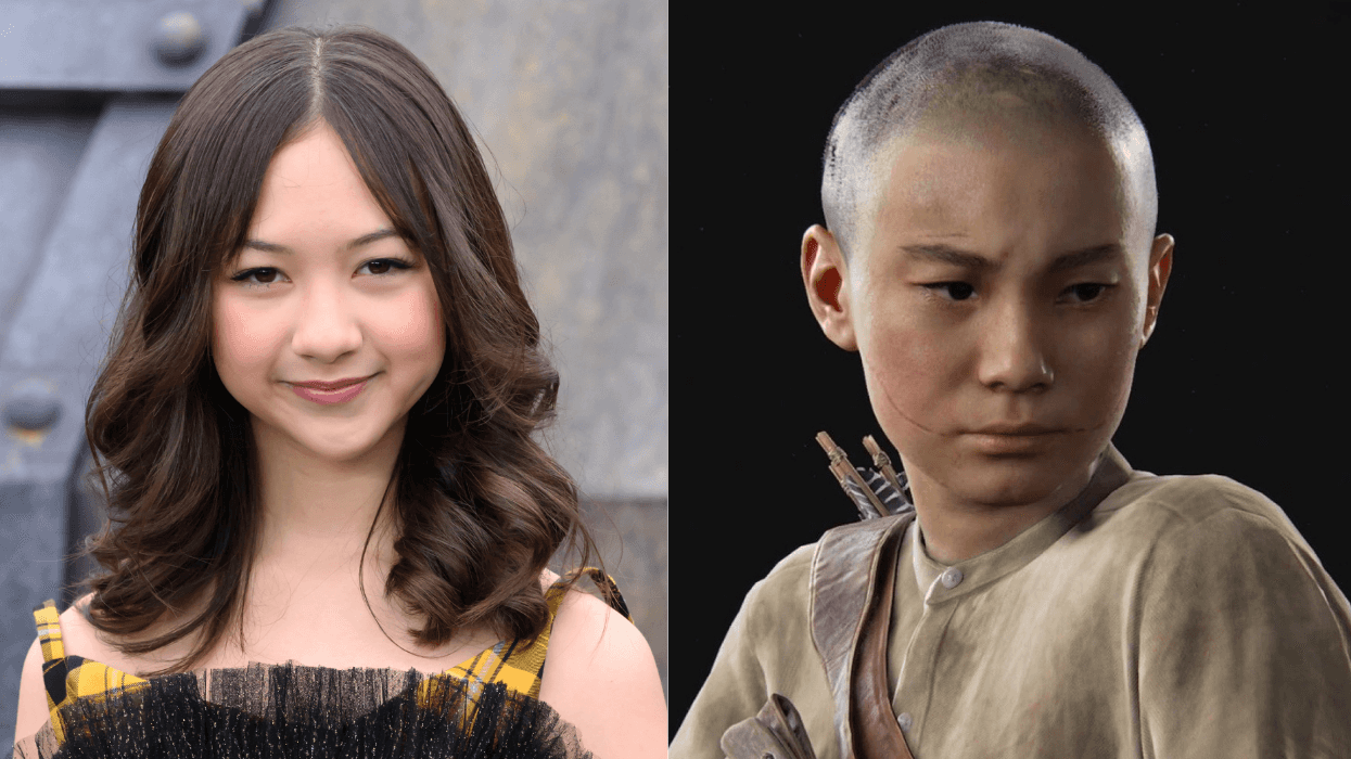 Kyriana Kratter poses next to an image of Lev from The Last of Us video game.