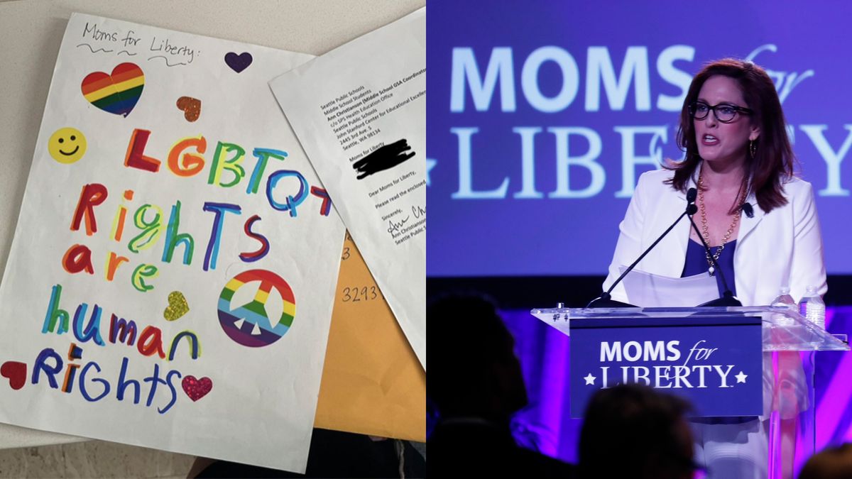 (L) Card reading "LGBTQ+ rights are human rights." (R) Moms of Liberty leader at a podium