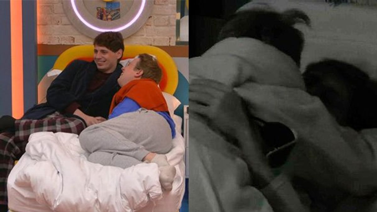 (L) Henry and Jordan lying in bed (R) Henry and Jordan kissing in bed on Big Brother UK