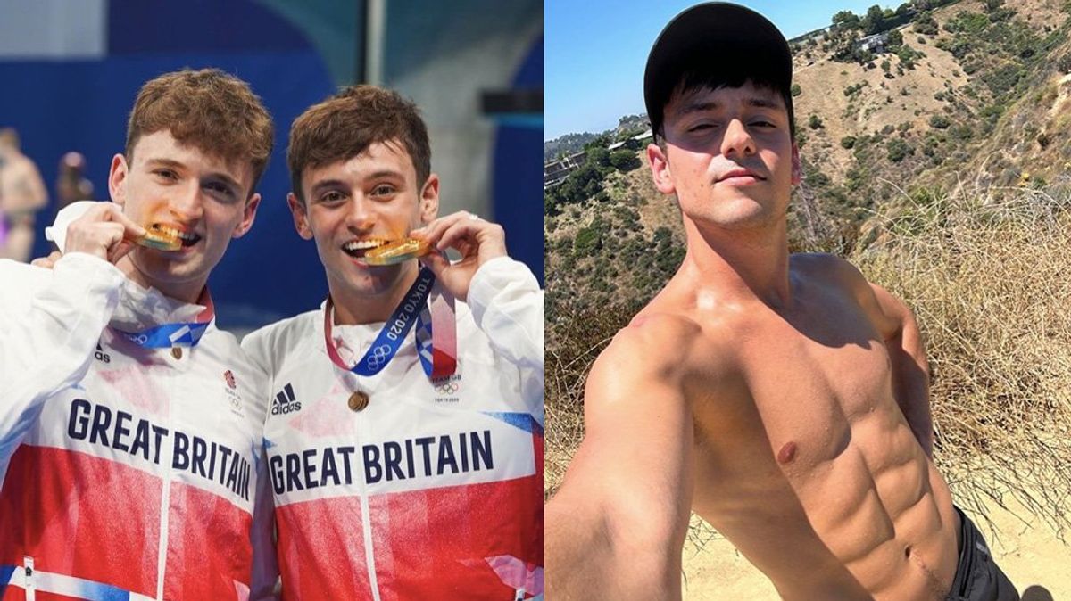 (L) Matty Lee and Tom Daley with their Olympic gold medals, (R) Tom Daley shirtless