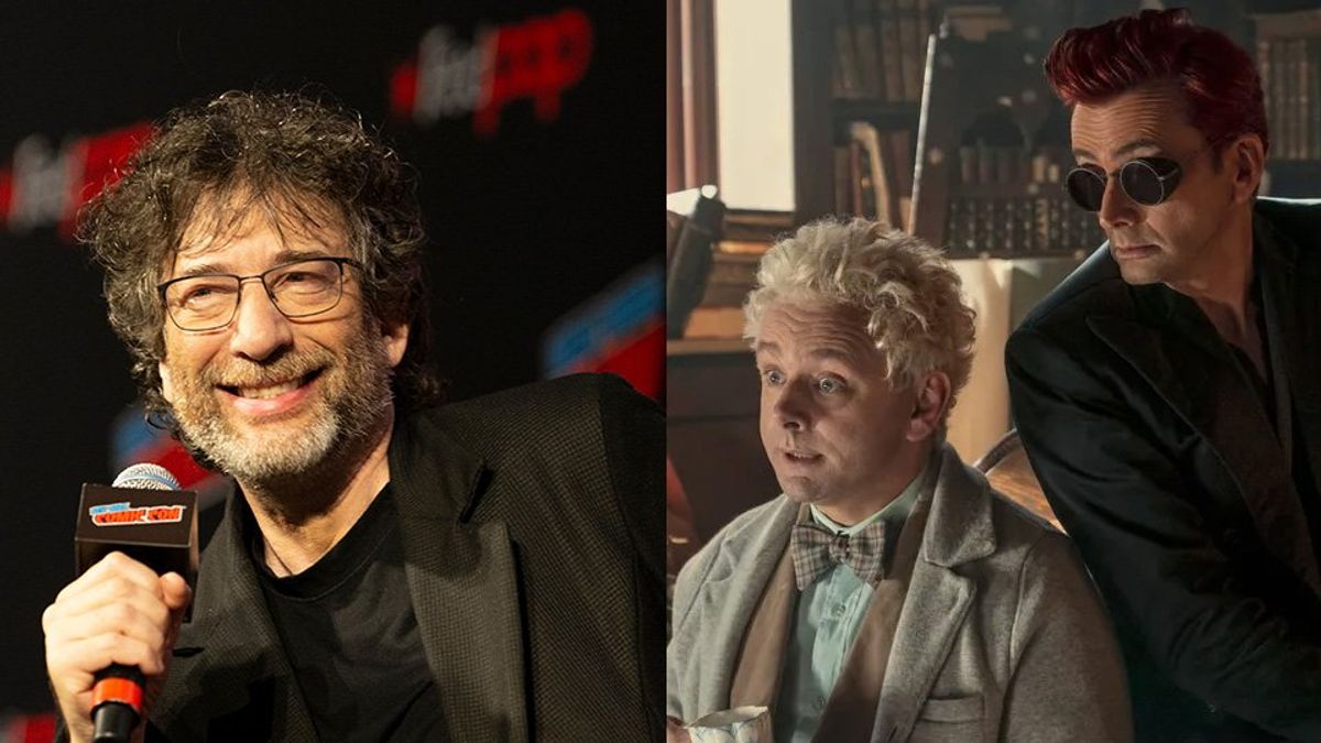 (L) Neil Gaiman and (R) Michael Sheen with David Tennant in 'Good Omens'