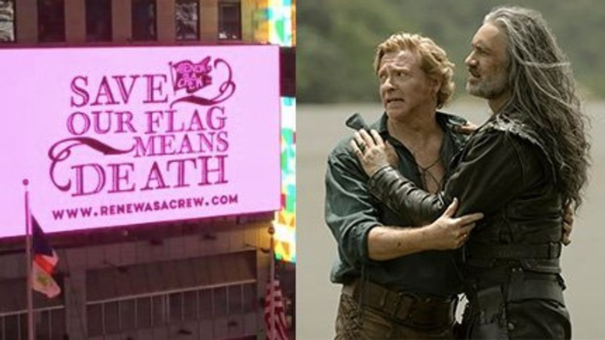 (L) 'Our Flag Means Death' billboard and (R) Steve Bonnet and Blackbeard 