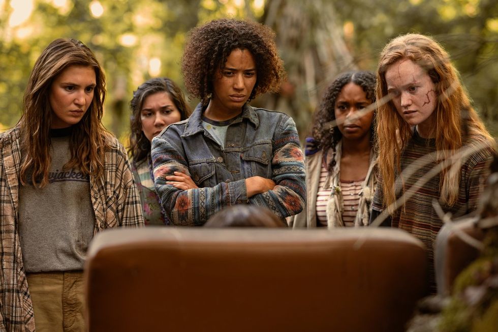 L-R: Sophie N\u00e9lisse as Teen Shauna, Vanessa Prasad as Teen Gen, Jasmin Savoy Brown as Teen Taissa, Silvana Estifanos as Teen Britt and Liv Hewson as Teen Van in Yellowjackets