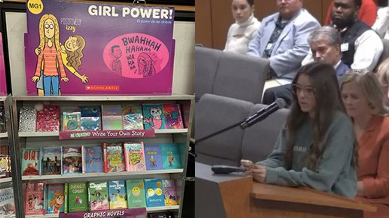 (L) Scholastic Book Fair display and (R) Lanah Burkhardt speaking at a school board meeting