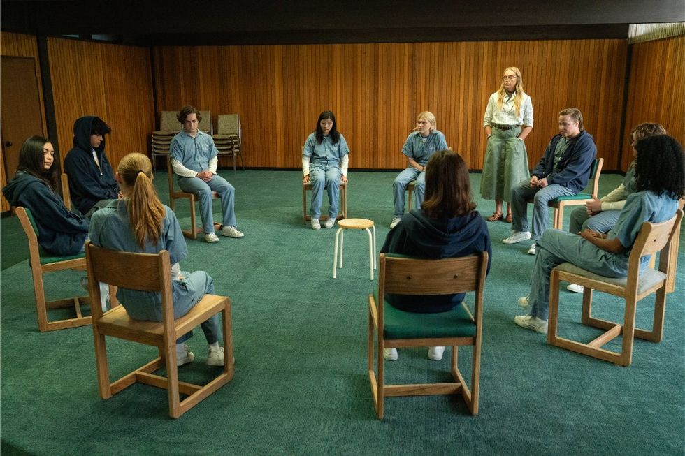 (L to R) Isolde Ardies as Stacey, Maia Jae Bastidas as Alexandra, Milton Torres Lara as Daniel, John Daniel as Rory, Sydney Topliffe as Abbie, Alyvia Alyn Lind as Leila, Toni Collette as Evelyn Wade, Erik Junnola as Tanner and Charlie Gibbard-McCall as Marty