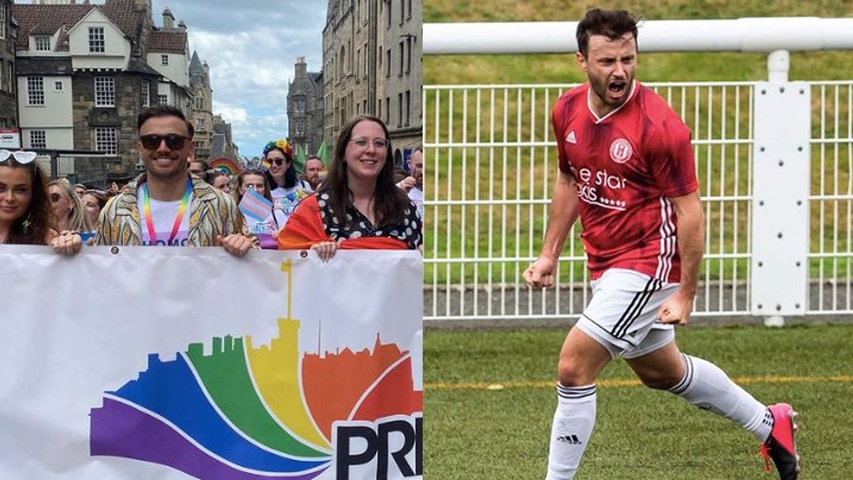 (L) Zander Murray at a Pride parade and (R) Zandar Murray playing football