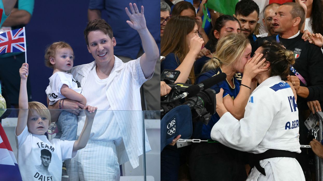 Lance Black and kids supporting Tom Daley and Alice Bellandi kisses her girlfriend at the 2024 Paris Olympics