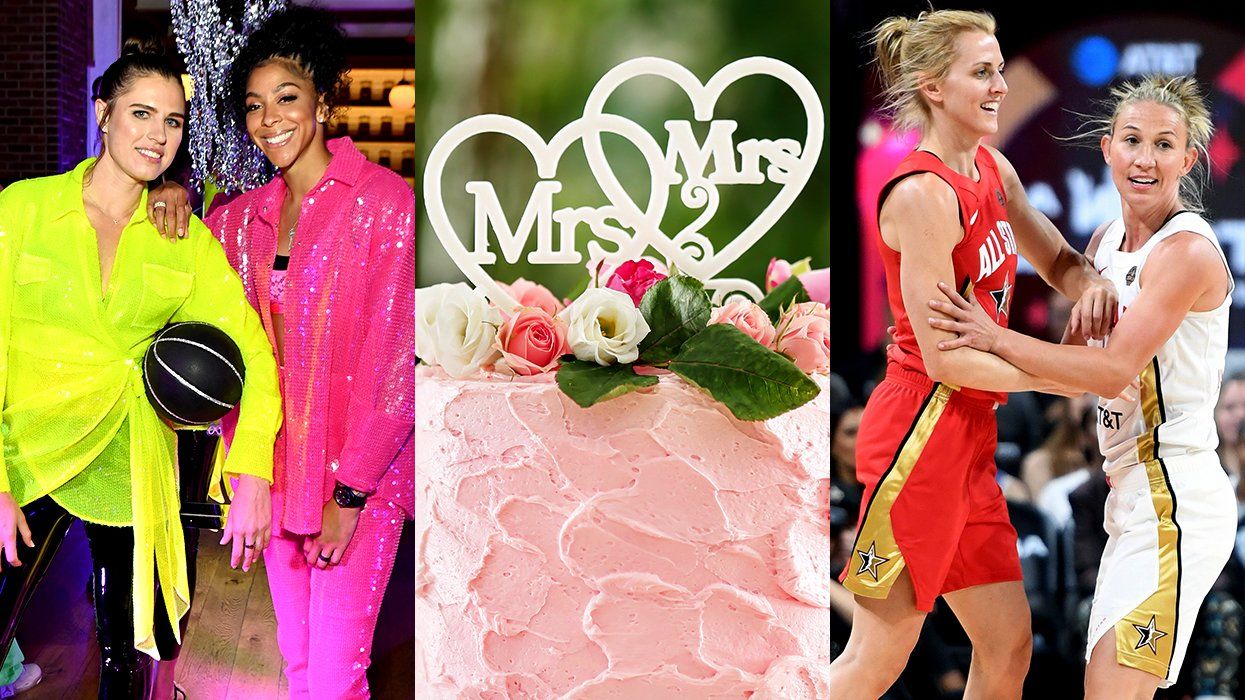 lesbian athlete couples Anna Petrakova Candace Parker Courtney Vandersloot Allie Quigley with queer wedding cake in the middle