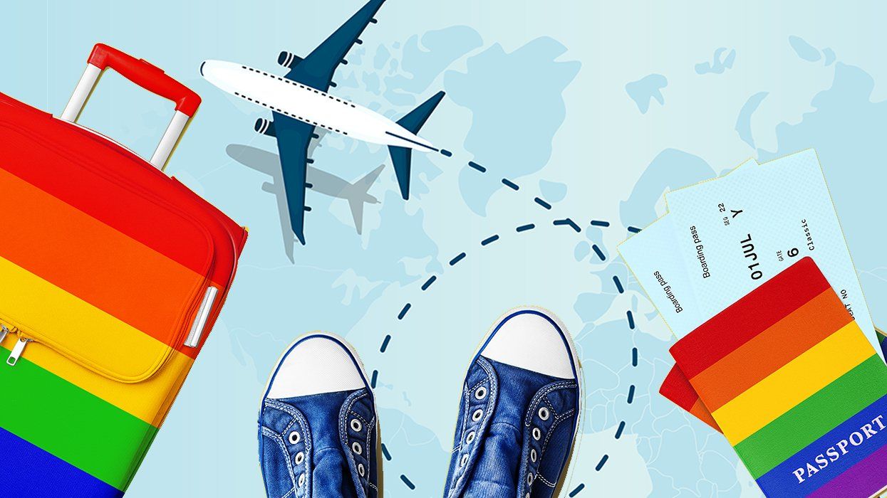 LGBTQIA travel abroad concept art digital illustration rainbow suitcase and passport with travel docs shoes over map and airplane flying background