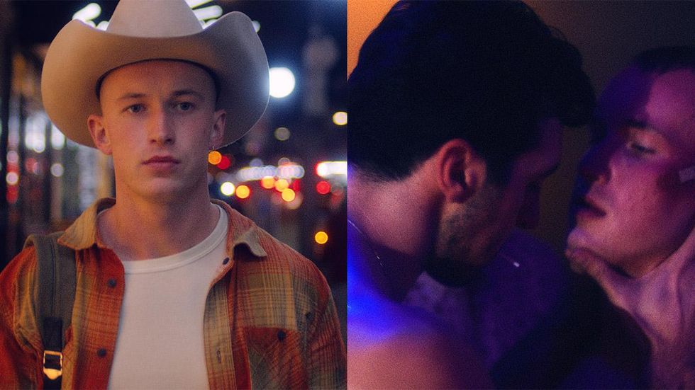 Lonesome stills of a cowboy and two men about to kiss
