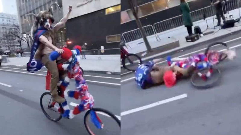 MAGA supporte riding on a bike and then falling off